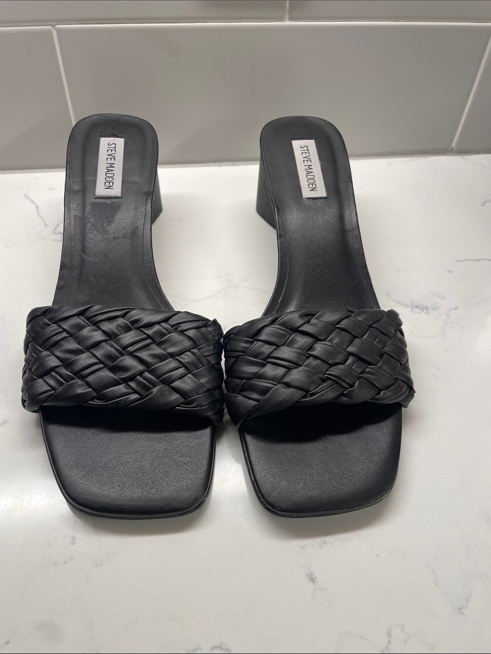 Steve Madden Black Braided Square-Toe Slide Mules